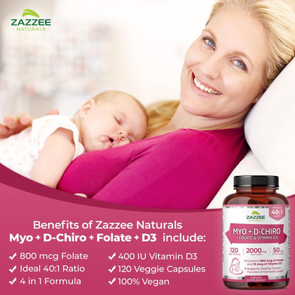 Zazzee Naturals Myo-Inositol + D-Chiro, with Folate (5-MTHF) + D3, 120 Vegan Capsules