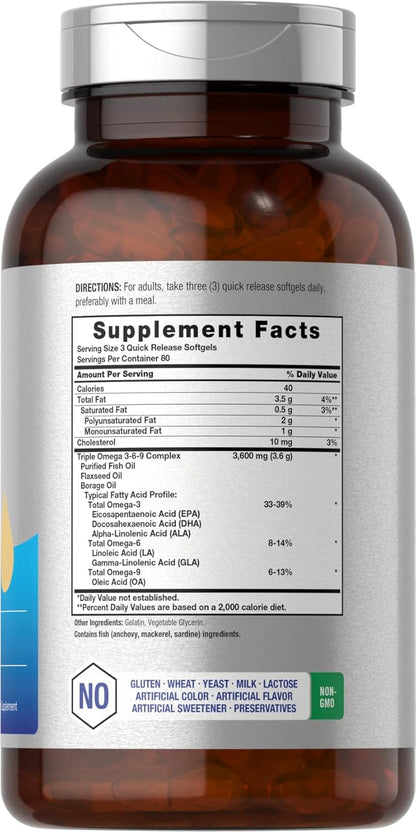 Horbäach Triple Omega 3-6-9 240 Softgels | from Fish, Flaxseed, Borage Oils | Non-GMO & Gluten Free