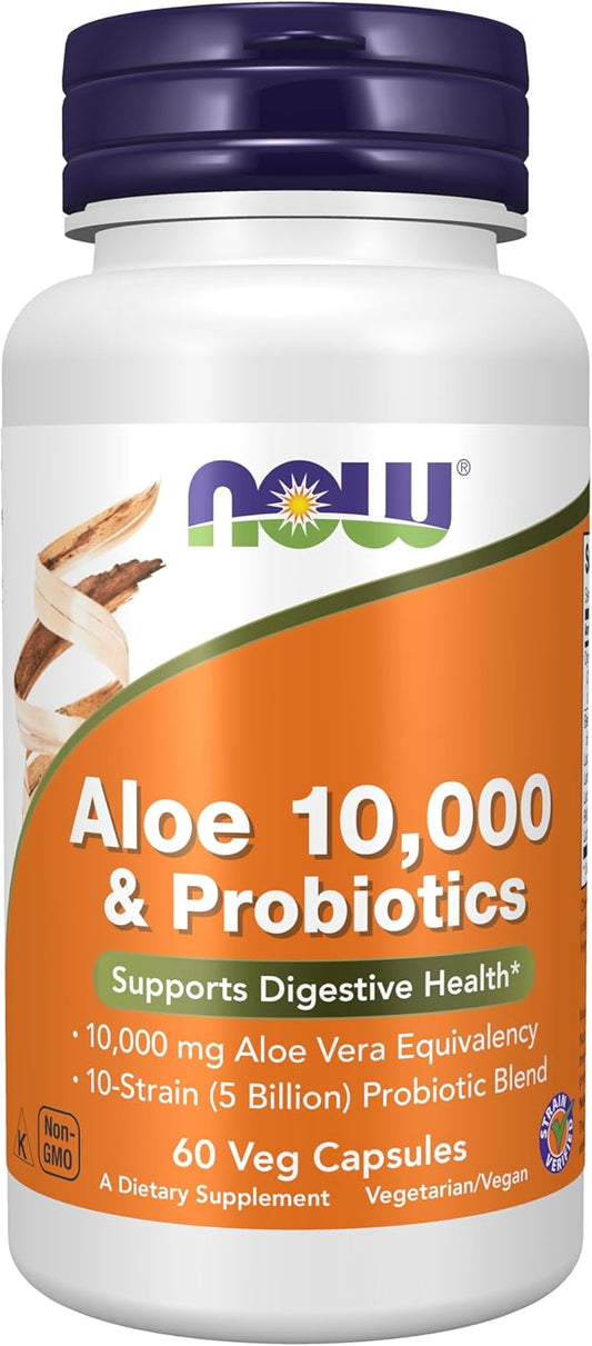 NOW Foods Supplements, Aloe 10,000 & Probiotics with 10-Strain (5 Billion), 60 Veg Capsules