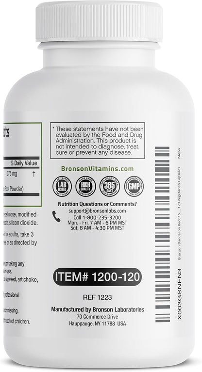 Bronson Dandelion Root 1500 MG per Serving High Potency, Supports Overall Good Health & Well-Being, Traditional Diuretic Herb - Non-GMO, 120 Vegetarian Capsules