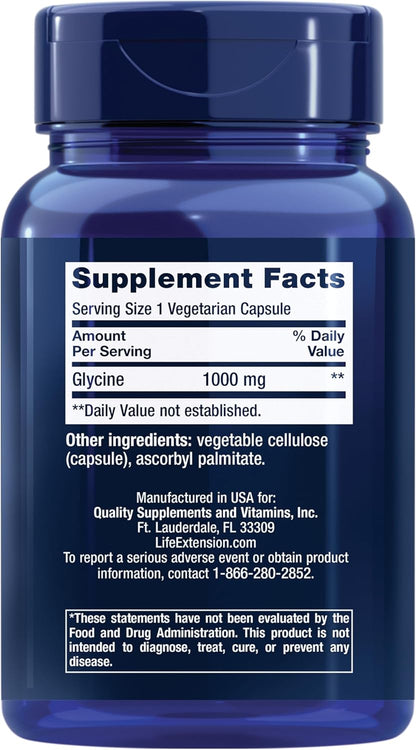 Life Extension Glycine, 1000 mg, Amino Acid That Promotes Healthy Sleep, Gluten-Free, Non-GMO, Vegetarian, 100 Capsules