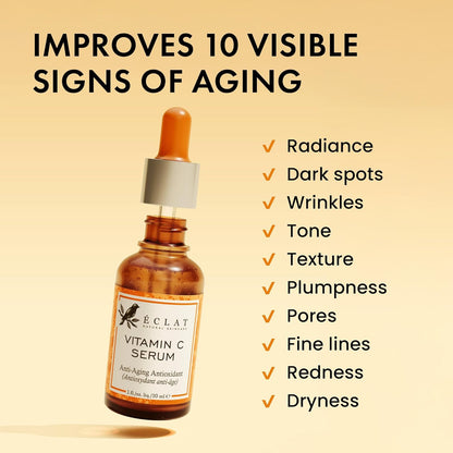 Eclat Vitamin C Face Serum - Hyaluronic Acid, Retinol, & Vit E - Anti Aging Facial Brightening Serum for Skin Care - Timeless Pure Vitamin C Serum for Face Dark Spots, Vit C Serum Oil, Face Serum for Women