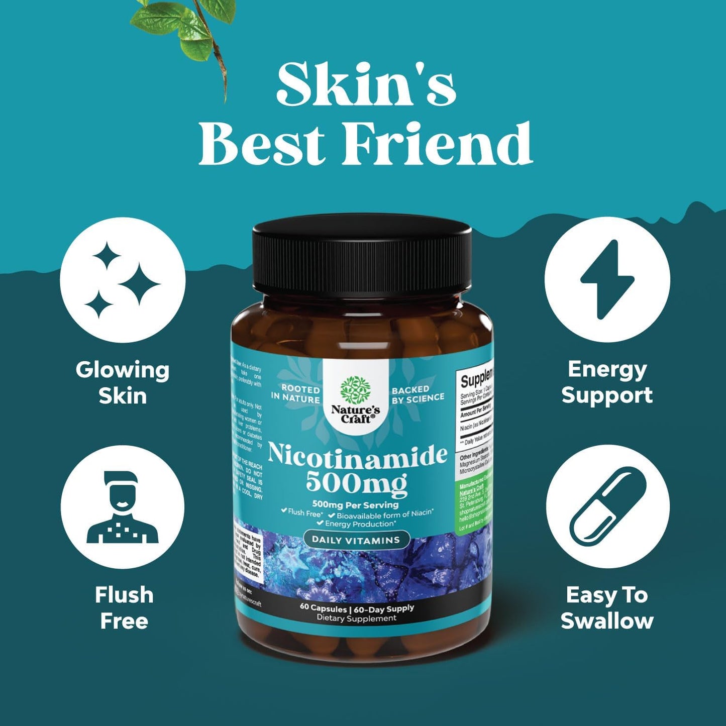 Nature's Craft Vitamin B3 Niacinamide 500mg Capsules - Mitochondrial Energy and Potent Skin Supplement - 60 Count