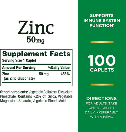 Nature's Bounty Zinc, Immune Support, 50 mg, Caplets, 100 Ct