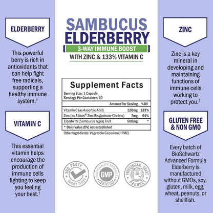 Elderberry with Zinc and Vitamin C for Adults - Immune Support Vitamins for Women and Men -  60 Ct