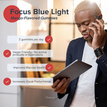 Focus Blue Light Supplement | Lutein and Zeaxanthin Supplement for Eye Health and Blue Light Protection | 60 Count Mango Flavored Gummy, 30 Day Supply | Reduces Eye Strain from Digital Devices