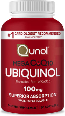 Qunol Ubiquinol CoQ10 100mg Softgels, Qunol Mega Ubiquinol 100mg - Superior Absorption - Active form of Coenzyme Q10 for Heart Health - 2 Month Supply - 60 Count Qunol