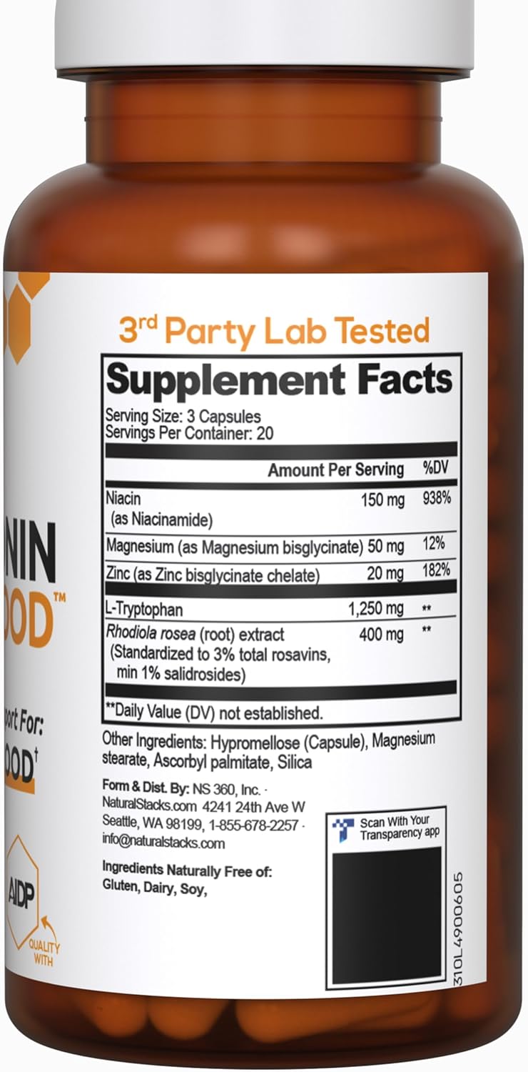 NATURAL STACKS Serotonin w/L Tryptophan & Rholiola - Mood Support & Serotonin Supplement - Promotes Positive Mood, Calmness, Increased Energy - Happy Mood & Brain Support Supplement (60ct)