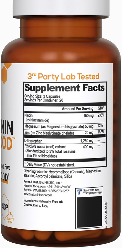 NATURAL STACKS Serotonin w/L Tryptophan & Rholiola - Mood Support & Serotonin Supplement - Promotes Positive Mood, Calmness, Increased Energy - Happy Mood & Brain Support Supplement (60ct)