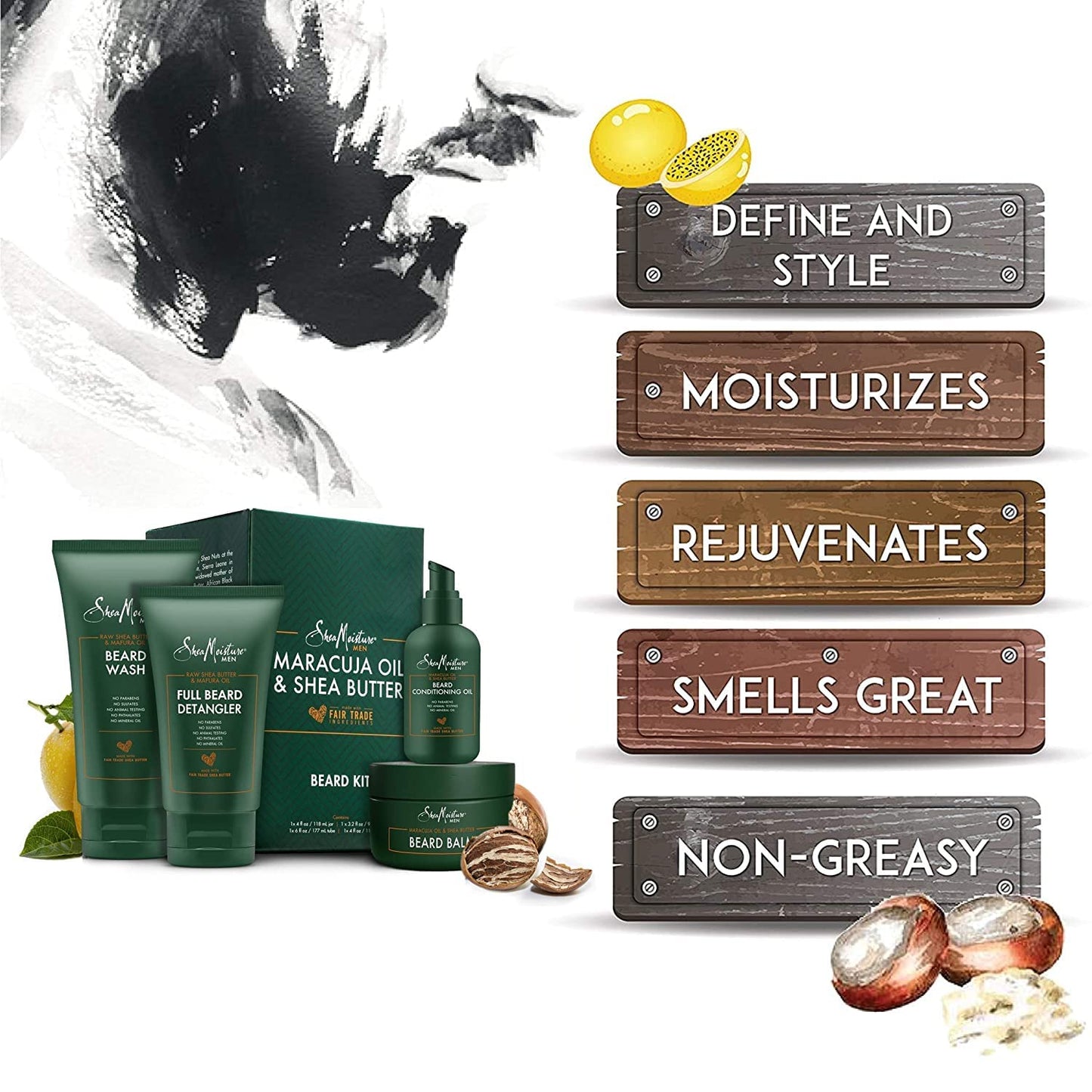 Fair Trade Beard Kit for Men, Beard Wash, Beard Balm, Beard Oil, Beard Conditioner, Complete Beard Grooming Kit, Gifts for Men, Gifts for Husband, Natural Ingredients, Shea Butter & Maracuja Oil
