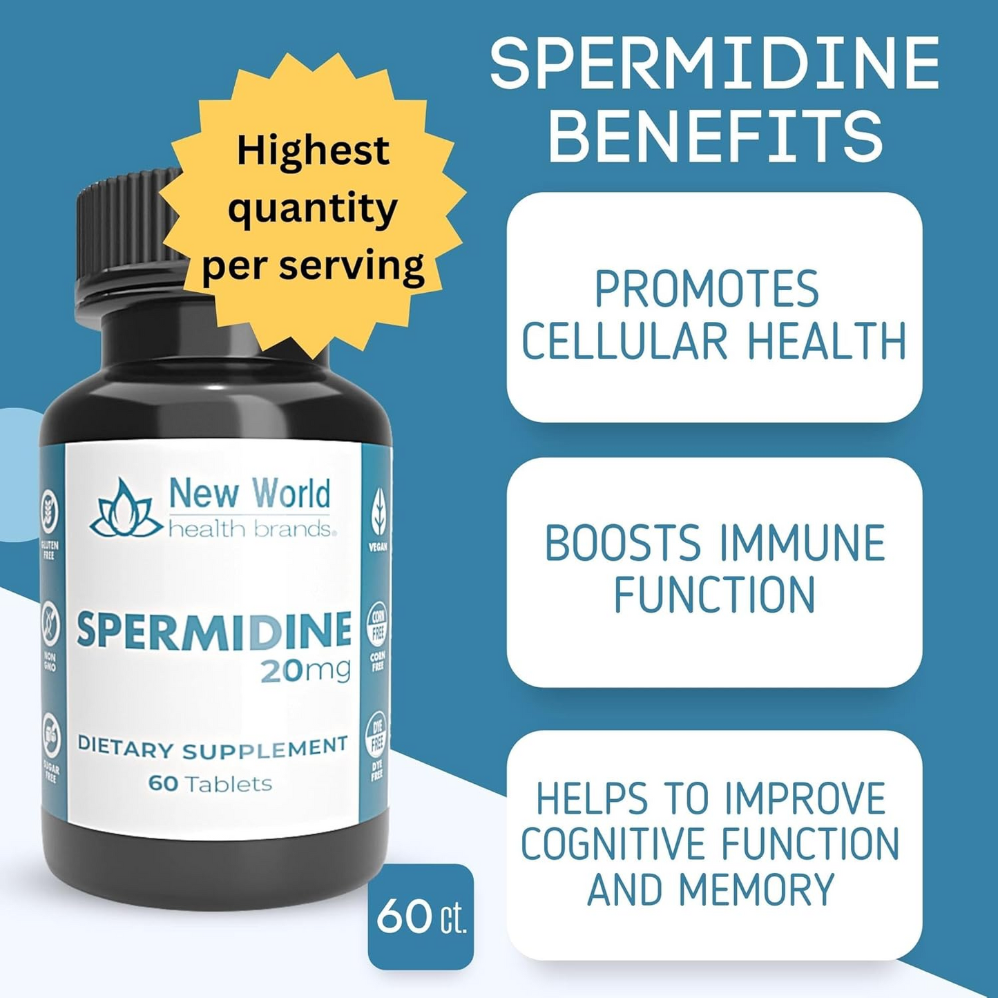 New World Health Pure Spermidine 20mg Supplement - High Potency Fast Absorption - Anti-Aging Fertility and Reproductive Health Support for Men Women - 60 Tablets - Non-GMO, Gluten-Free