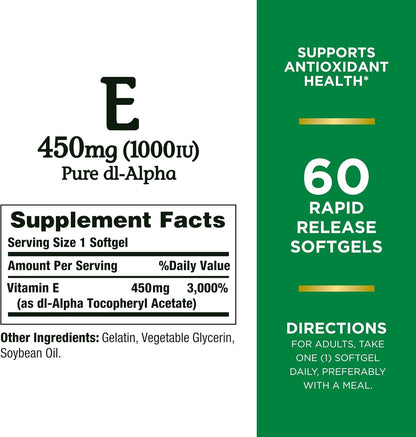 Nature’s Bounty Vitamin E Softgels, 1000 IU, 60 Count