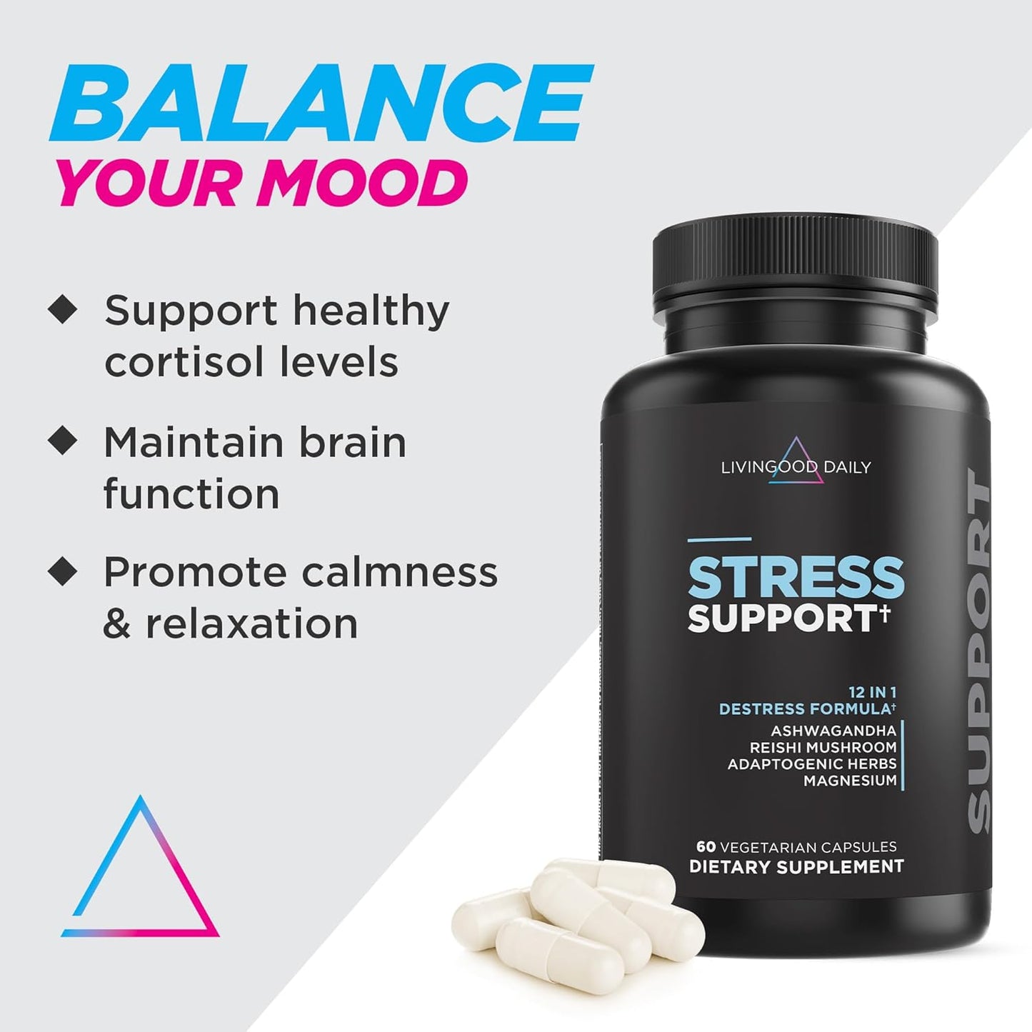 Livingood Daily De-Stress Relief Supplement, 60 Vegetarian Capsules