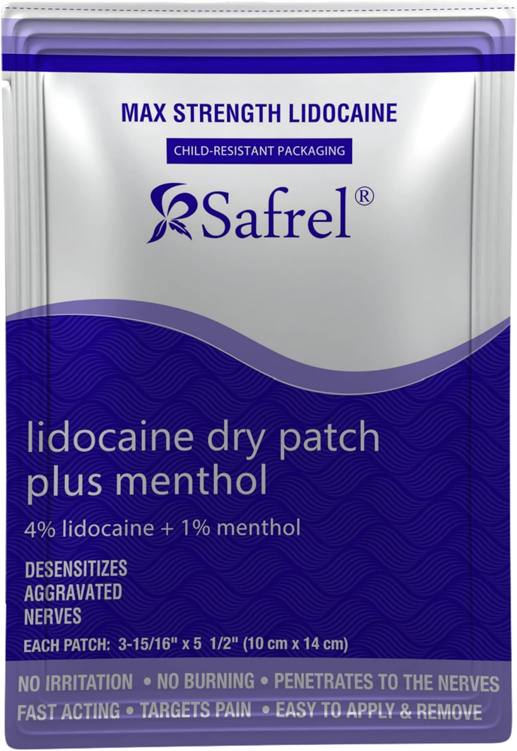 Lidocaine 4% Plus Menthol Dry Patch 5 Count, Unscented Non Gel Large Size Pain Relief Patches for Muscle Aches, Cramps, Back, Arthritis, Ankles, Elbows, Neck, Shoulder and Joint Pain Knees