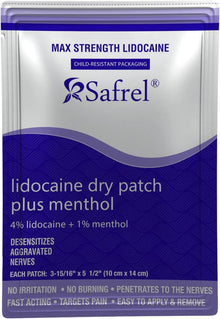 Lidocaine 4% Plus Menthol Dry Patch 5 Count, Unscented Non Gel Large Size Pain Relief Patches for Muscle Aches, Cramps, Back, Arthritis, Ankles, Elbows, Neck, Shoulder and Joint Pain Knees Safrel