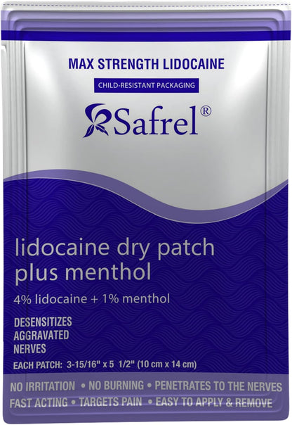 Lidocaine 4% Plus Menthol Dry Patch 5 Count, Unscented Non Gel Large Size Pain Relief Patches for Muscle Aches, Cramps, Back, Arthritis, Ankles, Elbows, Neck, Shoulder and Joint Pain Knees