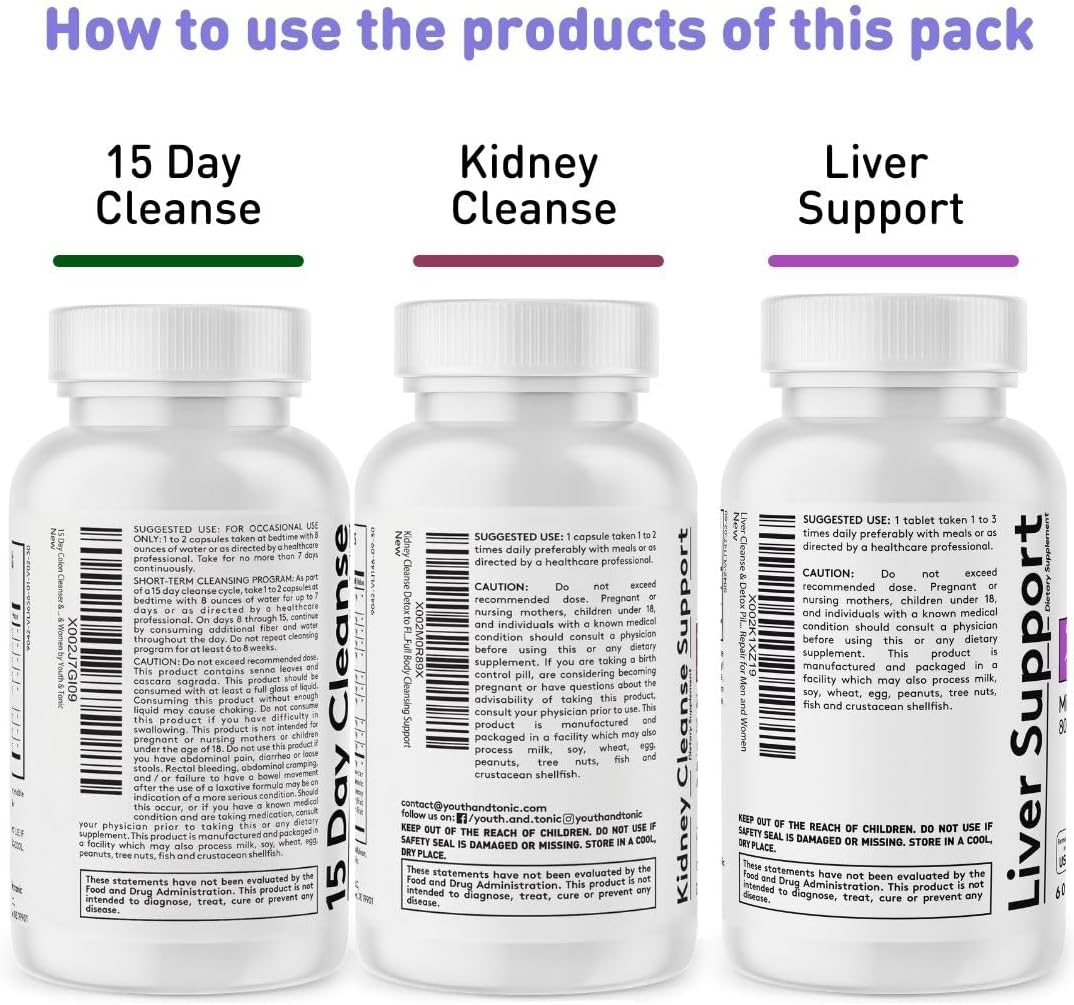Youth & Tonic 3X Body Detox and Cleanse for Women & Men | Liver and Kidney Support & 15 Day Colon Cleanser to Repair Detoxify and Full Waste Loss | Supplement Pills