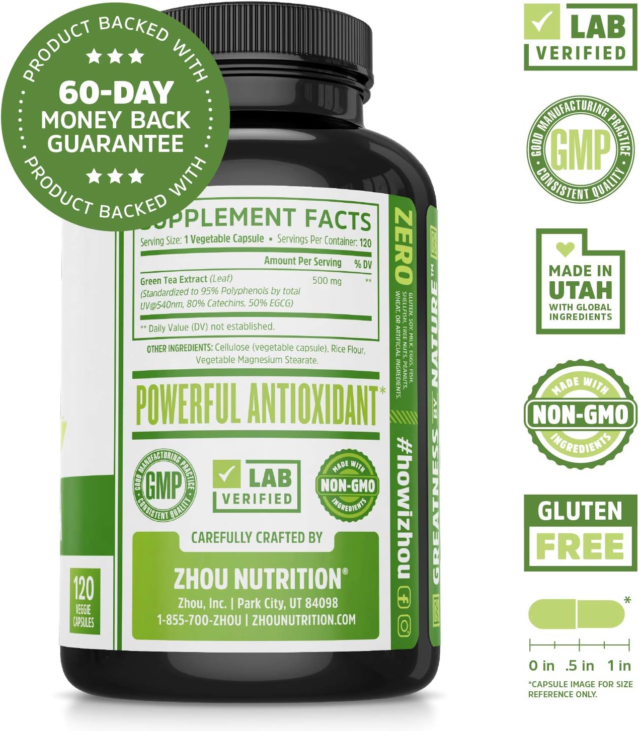 Zhou Green Tea Extract with EGCG, Metabolism, Natural Energy, Mental Focus, Immune Support, Antioxidant and Healthy Heart Formula, Non-GMO, Gluten Free, Money Back Guarantee, 120 Capsules