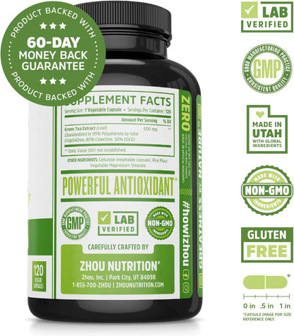 Zhou Green Tea Extract with EGCG, Metabolism, Natural Energy, Mental Focus, Immune Support, Antioxidant and Healthy Heart Formula, Non-GMO, Gluten Free, Money Back Guarantee, 120 Capsules
