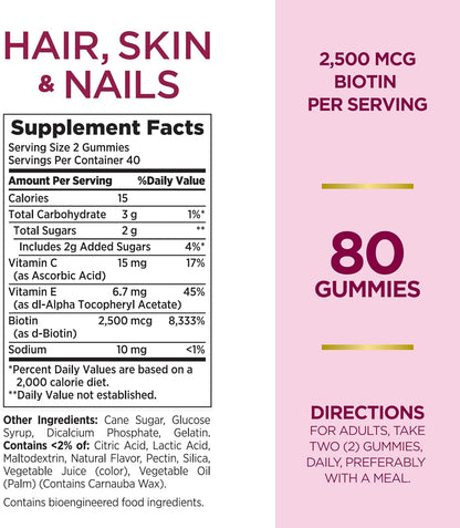 Nature's Bounty Optimal Solutions Hair, Skin& Nails.,2500 mcg, 80 Ct