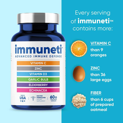 Immuneti - Advanced Immune Defense, 6-in-1 Powerful Blend of Vitamin C, Vitamin D3, Zinc, Elderberries, Garlic Bulb, Echinacea - Supports Overall Health, Provides Vital Nutrients & Antioxidants 60ct