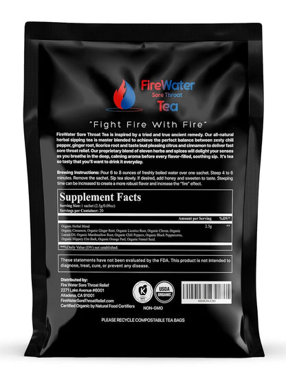 FireWater Sore Throat Tea - Organic Caffeine Free Herbal Tea, Relieves Sore Throats, Chronic Cough, Mucus, Sinus Congestion, Spicy Citrus and Cinnamon. - 20 Sachets