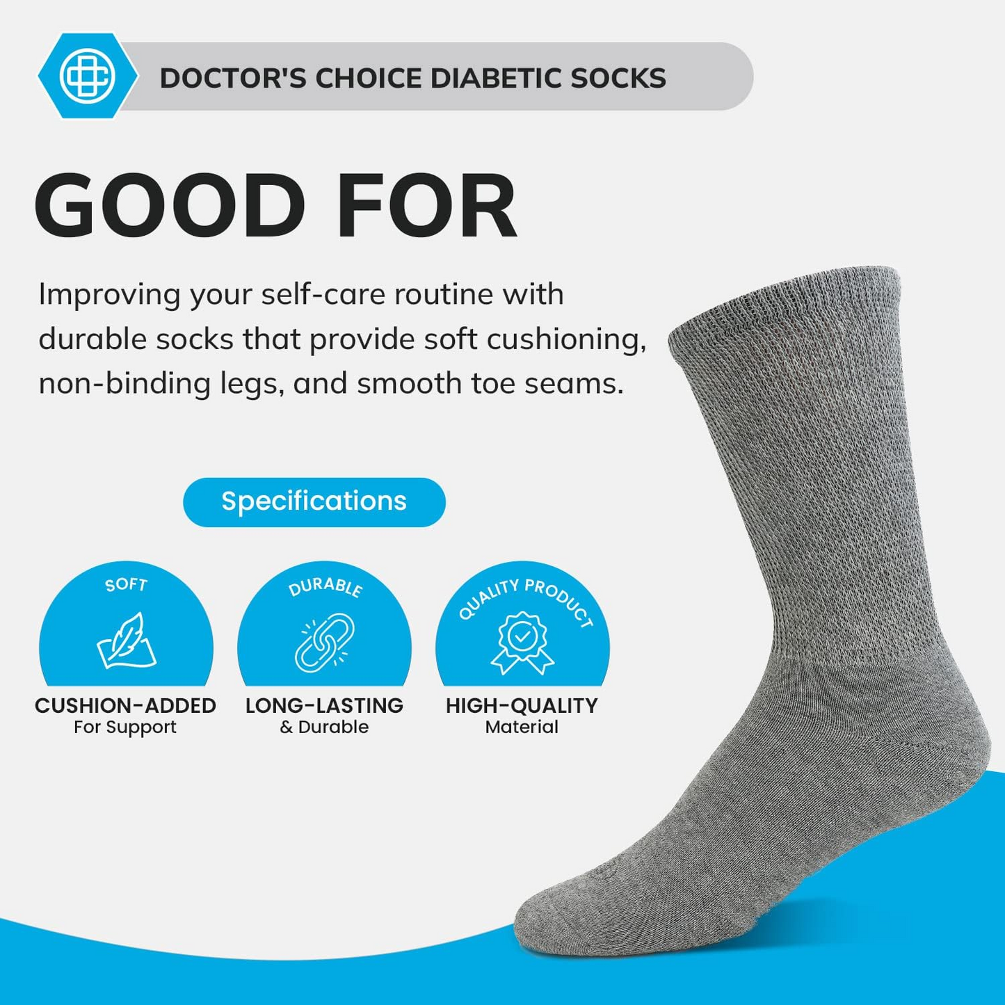 Doctor's Choice Diabetic Socks for Men, Seamless Socks with Non Binding Top, 4 Pairs, Large 9-12 & X-Large 13-15