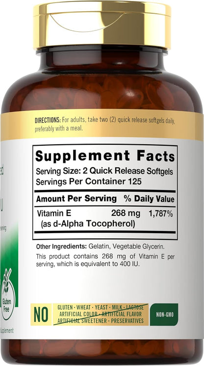 CARLYLE Natural Vitamin E | 400 IU | 250 Softgels | Non-GMO & Gluten Free