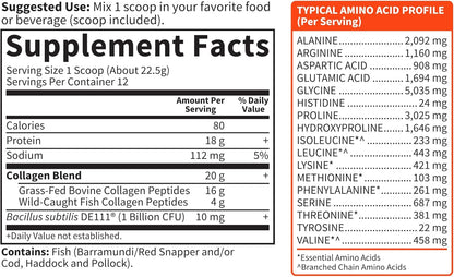 Garden of Life Marine & Grass-Fed Collagen Peptides Powder Supplement (Type I, III) with Probiotics & BCAAs for Mobility, Joint Health, Hair, Skin & Nails - Unflavored, 20g per Serving, 12 Servings