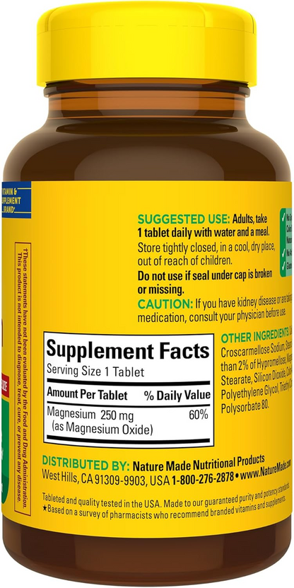 Nature Made Magnesium Oxide 250 mg Tablets, Dietary Supplement, 300 Count