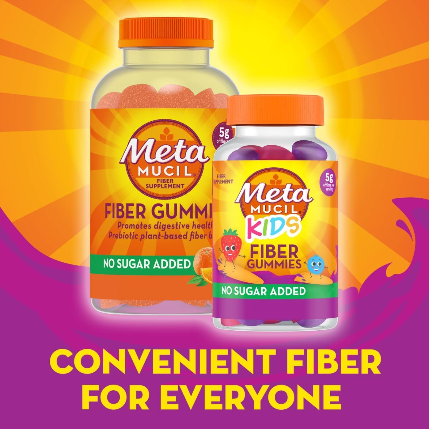 Metamucil Kids Fiber Supplement Gummies, No Sugar Added, 5g Prebiotic Plant-Based Fiber Blend, Mixed Berry Flavored, 120ct Gummies