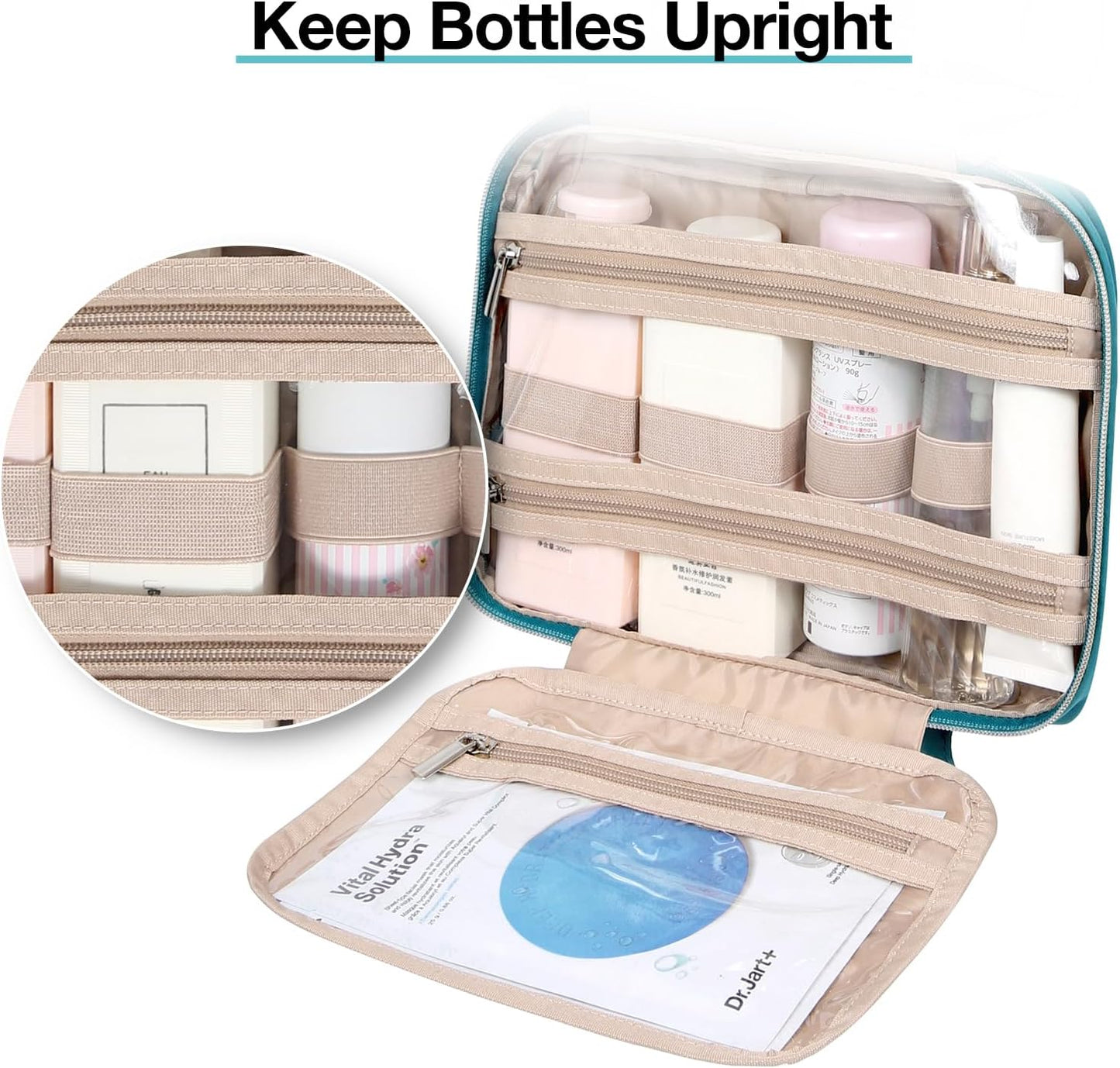 BAGSMART Toiletry Bag Hanging Travel Makeup Organizer with TSA Approved Transparent Cosmetic Bag Makeup Bag for Full Sized Toiletries (Blue, Large)