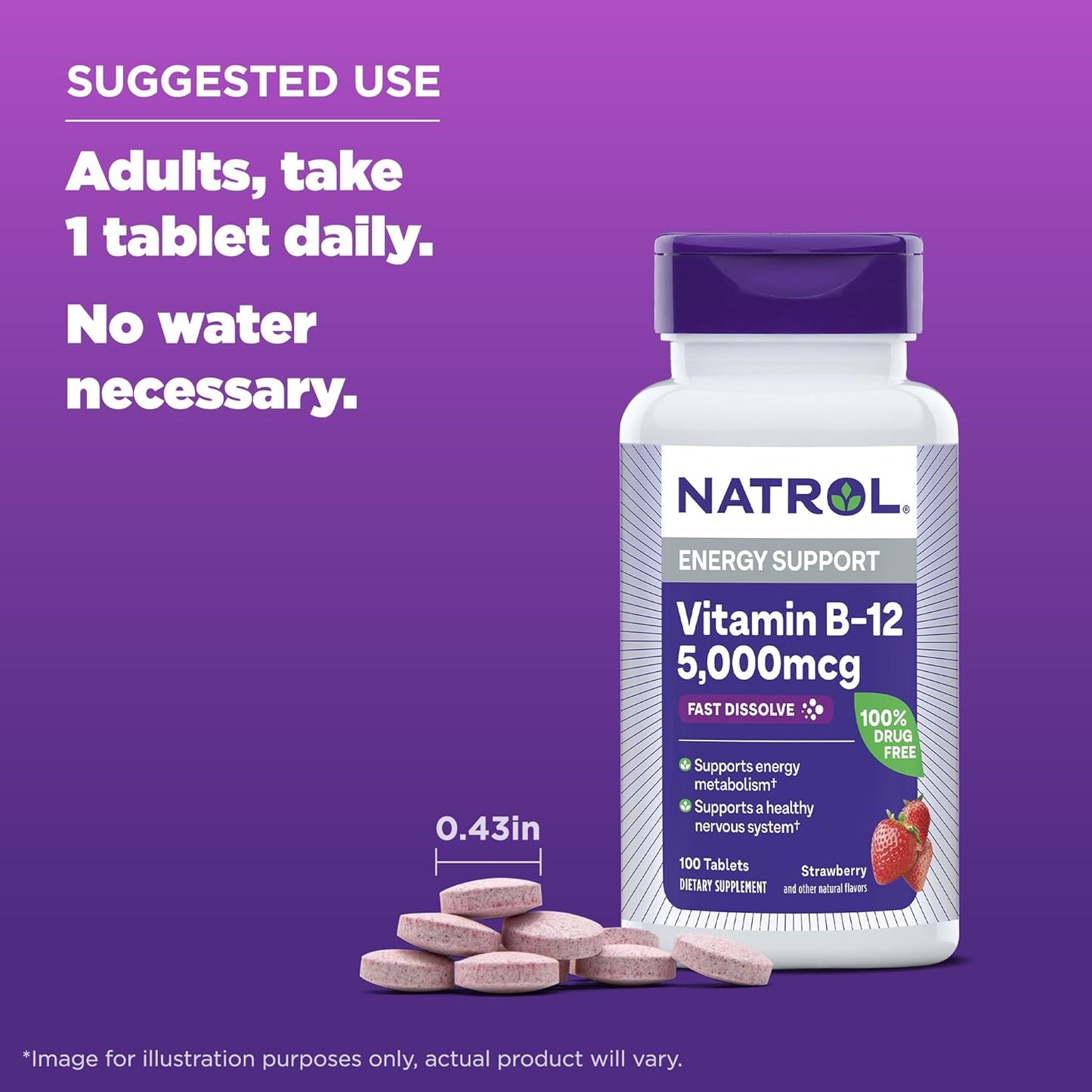 Natrol Vitamin B12 Fast Dissolve Tablets, Promotes Energy, Supports a Healthy Nervous System, Maximum Strength, Strawberry Flavor, 5,000mcg, 100 Ct