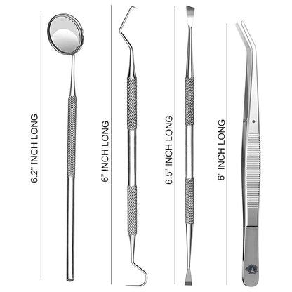 MINKED Dental toolkit, teeth cleaning picks, 4 pcs premium oral hygiene tools with Travel Case, Stainless Steel Plaque Remover, Tarter Scaler, Probe and Mirror, Storage box included.