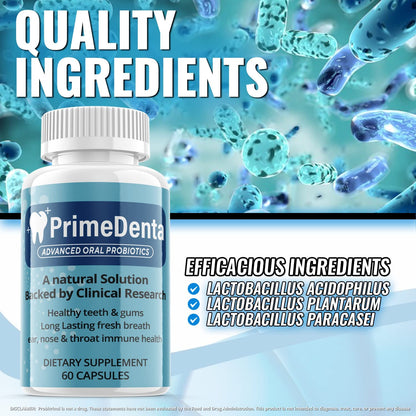 Prime Denta - Advanced Oral Probiotics Formula for Healthy Teeth and Gums, Fresh Breath, Ear, Nose, Throat, and Immune Health Supplement - 60 Capsules