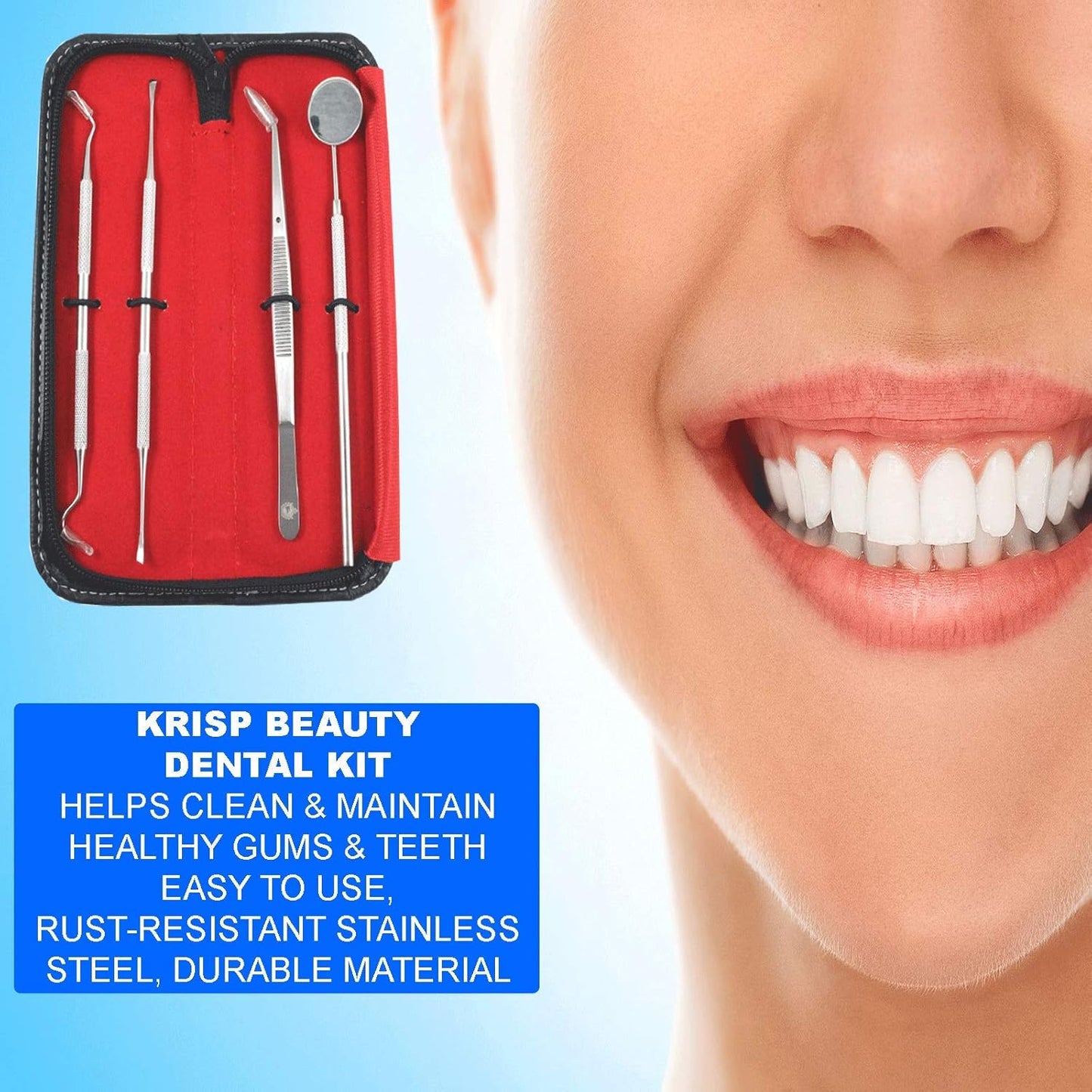 MINKED Dental toolkit, teeth cleaning picks, 4 pcs premium oral hygiene tools with Travel Case, Stainless Steel Plaque Remover, Tarter Scaler, Probe and Mirror, Storage box included.