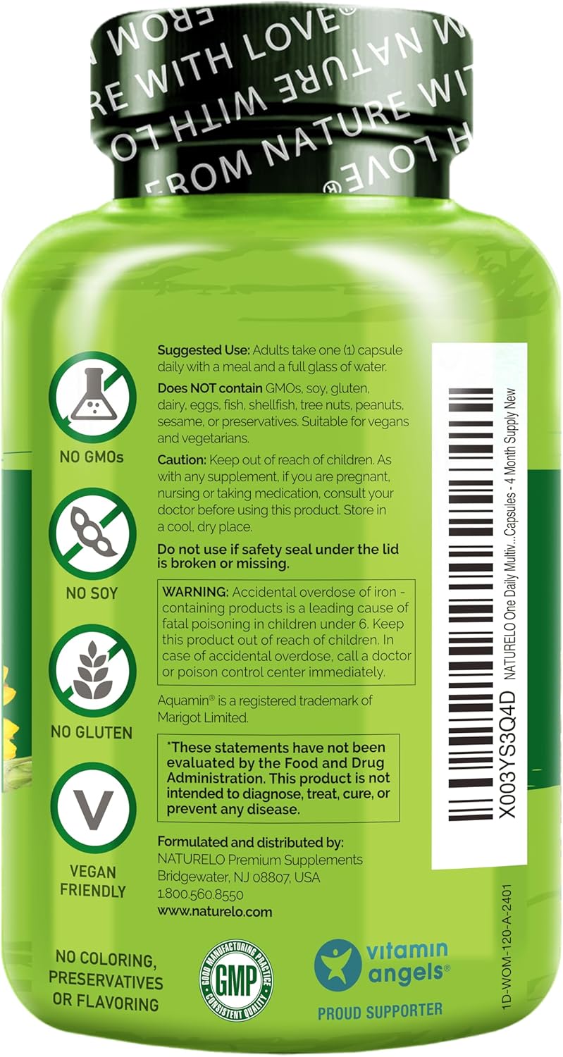 NATURELO One Daily Multivitamin for Women - Energy Support - Whole Food Supplement to Nourish Hair, Skin, Nails - Non-GMO - No Soy - Gluten Free - 60 Capsules