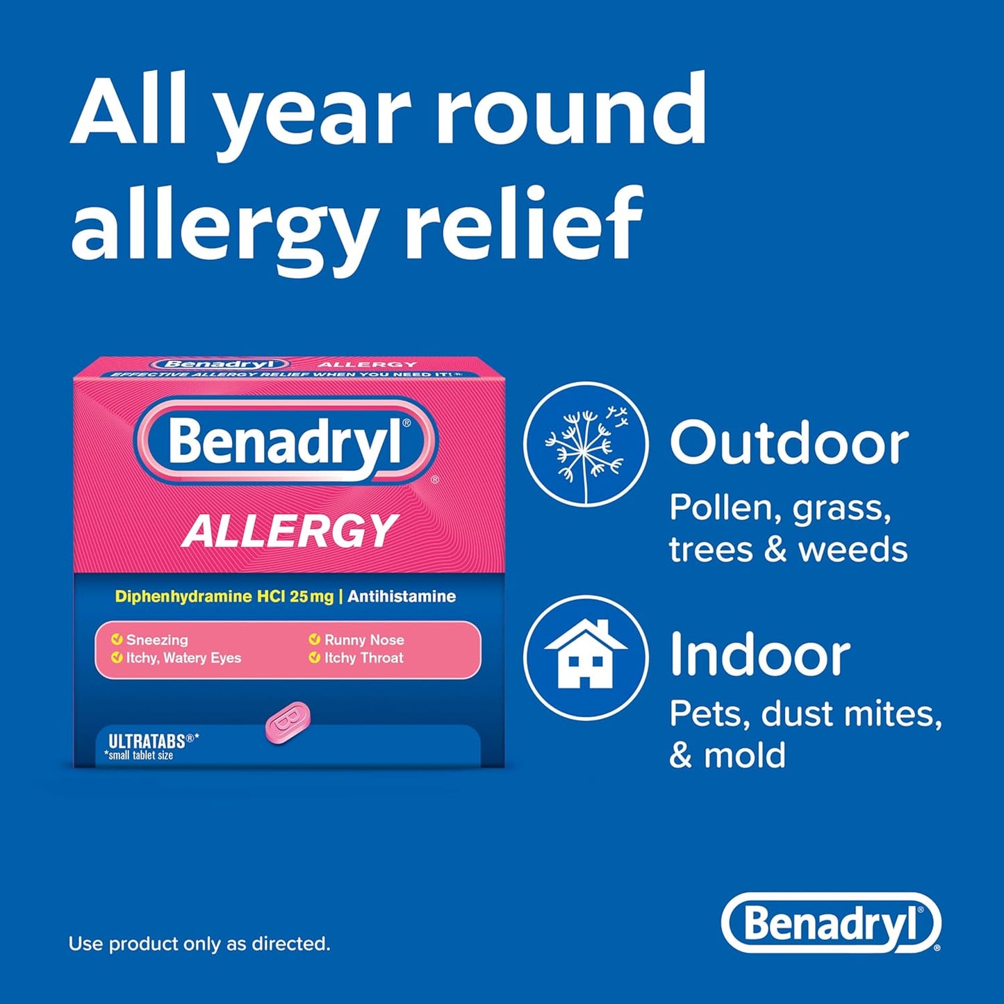 Benadryl Ultratabs Antihistamine Allergy Relief with Diphenhydramine HCl, 24 Count