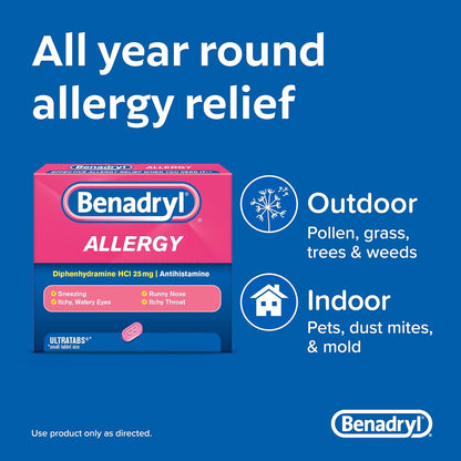 Benadryl Ultratabs Antihistamine Allergy Relief with Diphenhydramine HCl, 24 Count