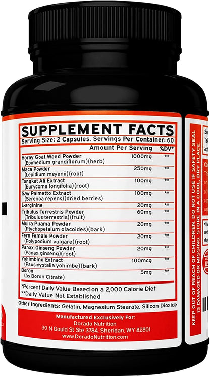 Horny Goat Weed For Men and Women - [1590 Maximum Strength] - Stamina, Endurance, Circulation, Joint & Back Support - Maca Root, Ginseng, Yohimbine