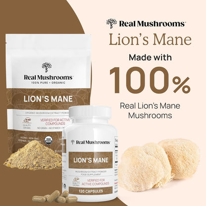 Real Mushrooms Lion’s Mane Capsules - Organic Lions Mane Mushroom Extract for Cognitive Function & Immune Support - Brain Supplements for Memory and Focus - Vegan Mushroom Supplement, 120 Caps