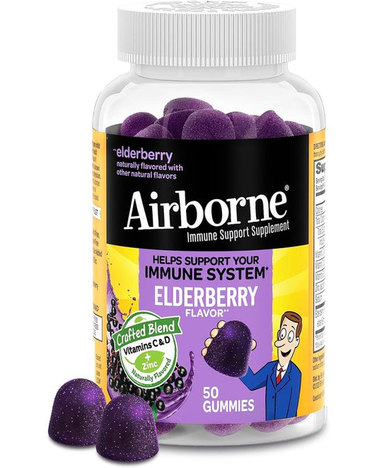 Airborne Elderberry + Zinc & Vitamin C Gummies For Adults, Immune Support Vitamin D & Zinc Gummies With Powerful Antioxidant Vitamins C D & E - 50 Gummies, Elderberry Flavor