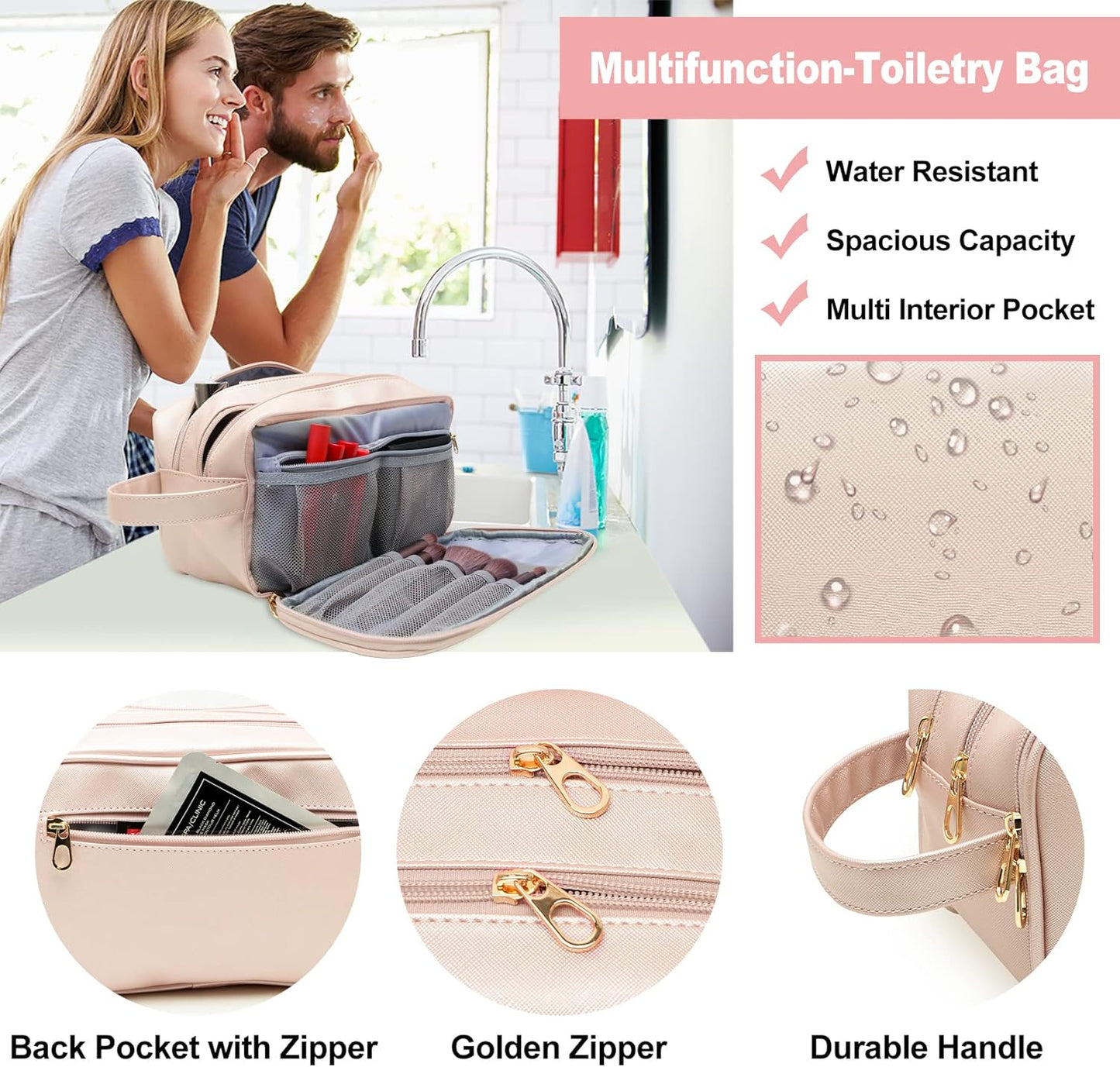 Travel-Essentials Toiletry Bag for Women, Water Resistant Makeup-Bag-For-Travel-Accessories, Dorm Room Essentials, Eco Leather Cosmetic Bag
