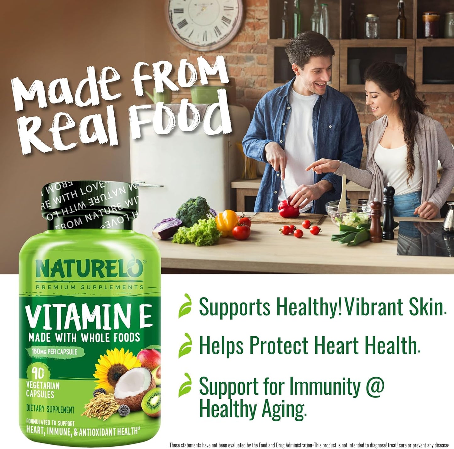 NATURELO Vitamin E - 180 mg (300 IU) of Natural Mixed Tocopherols from Organic Whole Foods - Supplement for Healthy Skin, Hair, Nails, Immune & Eye Health - Non-GMO, Soy Free - 90 Vegan Capsules