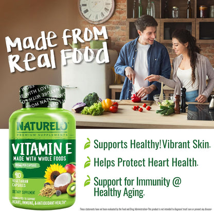NATURELO Vitamin E - 180 mg (300 IU) of Natural Mixed Tocopherols from Organic Whole Foods - Supplement for Healthy Skin, Hair, Nails, Immune & Eye Health - Non-GMO, Soy Free - 90 Vegan Capsules