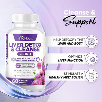 HivoNutra 28-in-1 Liver Cleanse Detox & Repair Fatty Liver Formula - Milk Thistle Silymarin, Artichoke Extract, Dandelion & Apple Cider Vinegar - Liver Health Supplement Support Pills - Vegan Capsules