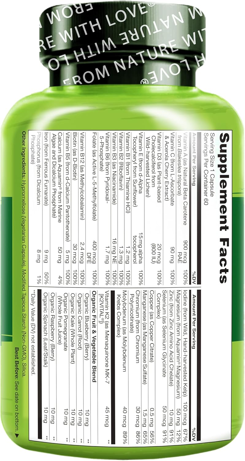 NATURELO One Daily Multivitamin for Women - Energy Support - Whole Food Supplement to Nourish Hair, Skin, Nails - Non-GMO - No Soy - Gluten Free - 60 Capsules