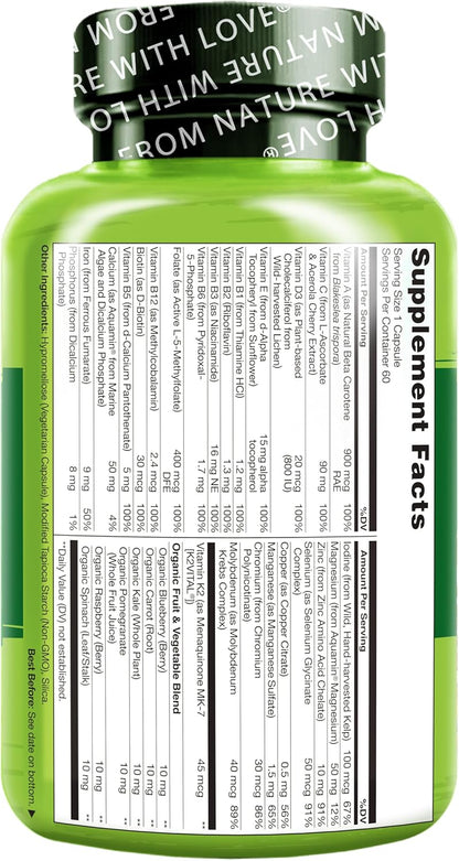 NATURELO One Daily Multivitamin for Women - Energy Support - Whole Food Supplement to Nourish Hair, Skin, Nails - Non-GMO - No Soy - Gluten Free - 60 Capsules