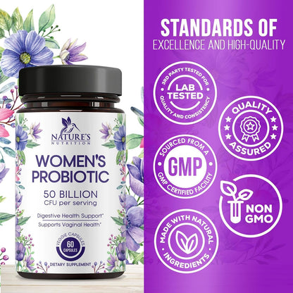 Nature's Nutrition Women's Probiotics 50 Billion CFU Guaranteed, Vegan Strains, Supports Women's Digestive, Immune, Vaginal, & Urinary Health, Delayed Release  - 60 Capsules