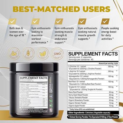Muscle Builder Nitric Oxide Supplement with L-Arginine L-Citrulline Beet Root Ashwagandha Tongkat Ali Strawberry